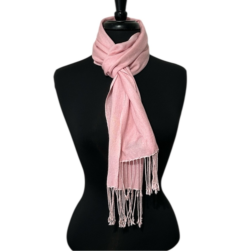 Bloomingdale’s pink silk 55% and cashmere 45% scarf.  11” wide‎ x 63” long.